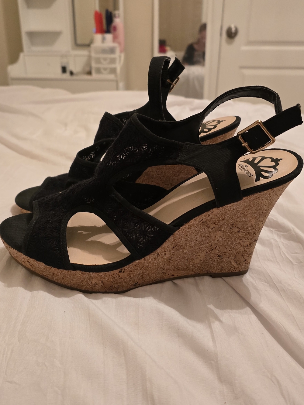 Fergalicious Kammi Black Cork Wedge Sandals with Ankle Strap - Women